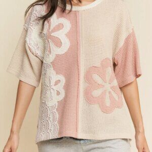 Davi and Dani Cream and Pink Casual Pullover Short Sleeve Patchwork Knit Top